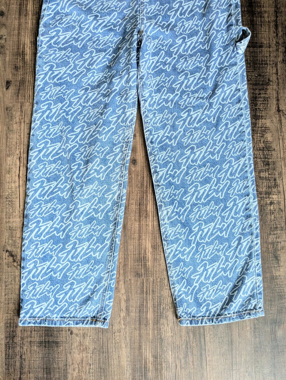 FUBU Logo Print Denim Overalls Blue Orange 2022 F21 Collab - Picture 13 of 14